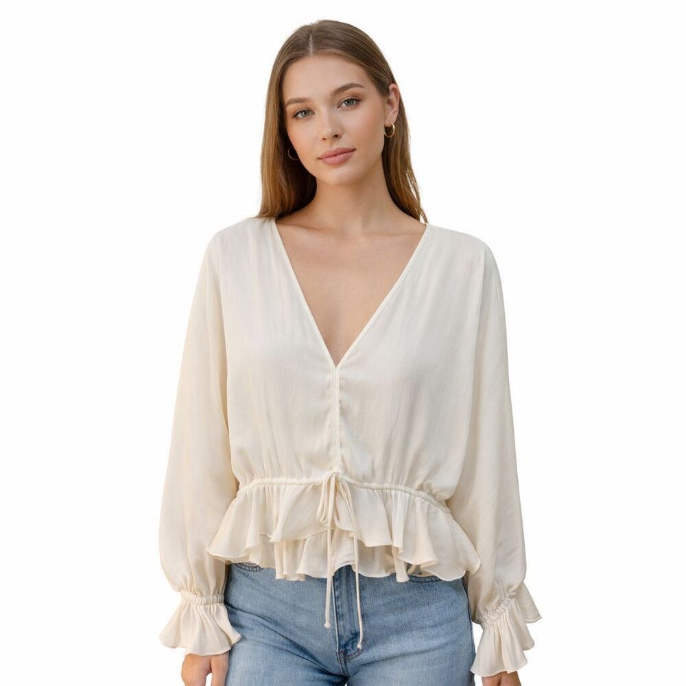 Blue Life Blouse Womens Large White Satin Ruffle Hem V Neck Peplum Top